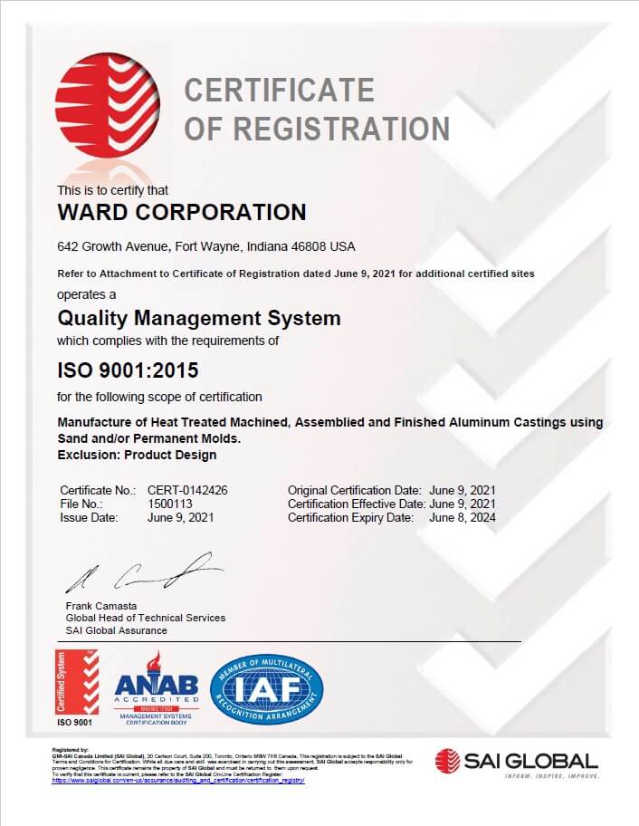Ward Aluminum Company has it's ISO certification.